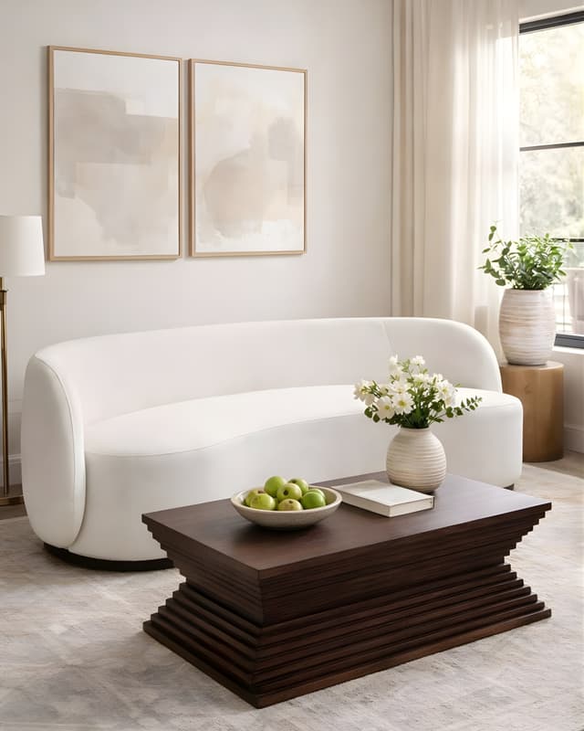 A modern living room with a red sofa and a wooden coffee table.