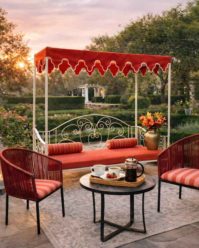 Stylish outdoor furniture on a patio with a red carpet.